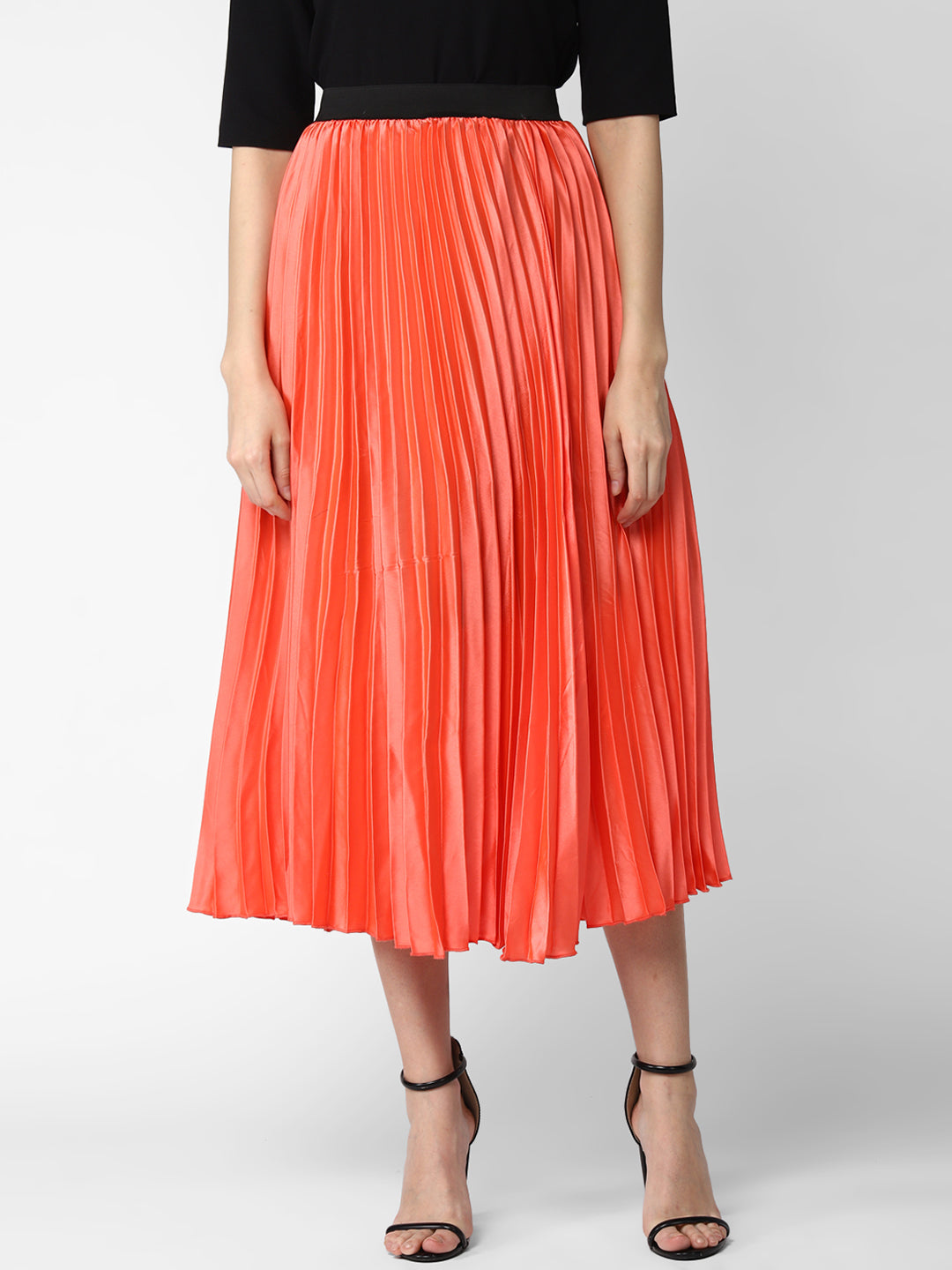 Women's Coral Satin Pleated Skirt