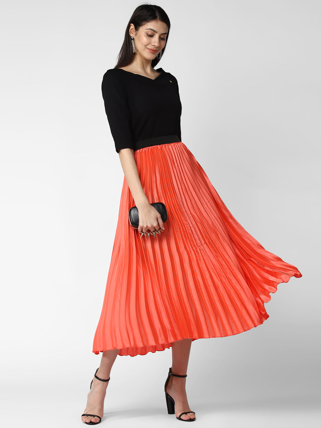 Women's Coral Satin Pleated Skirt