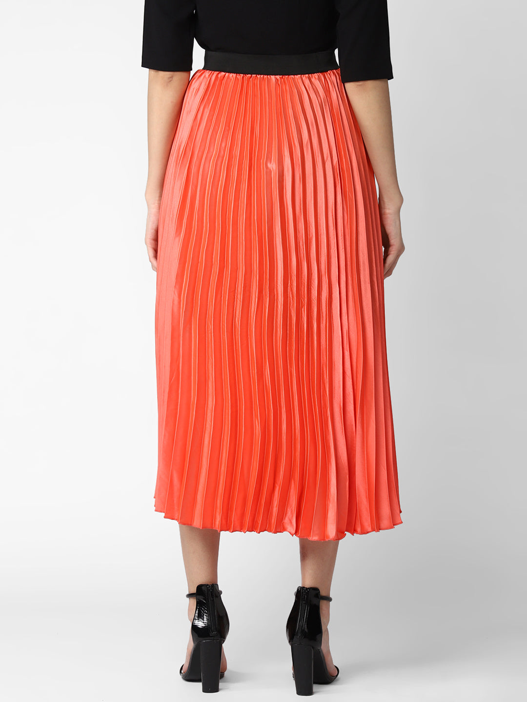 Women's Coral Satin Pleated Skirt