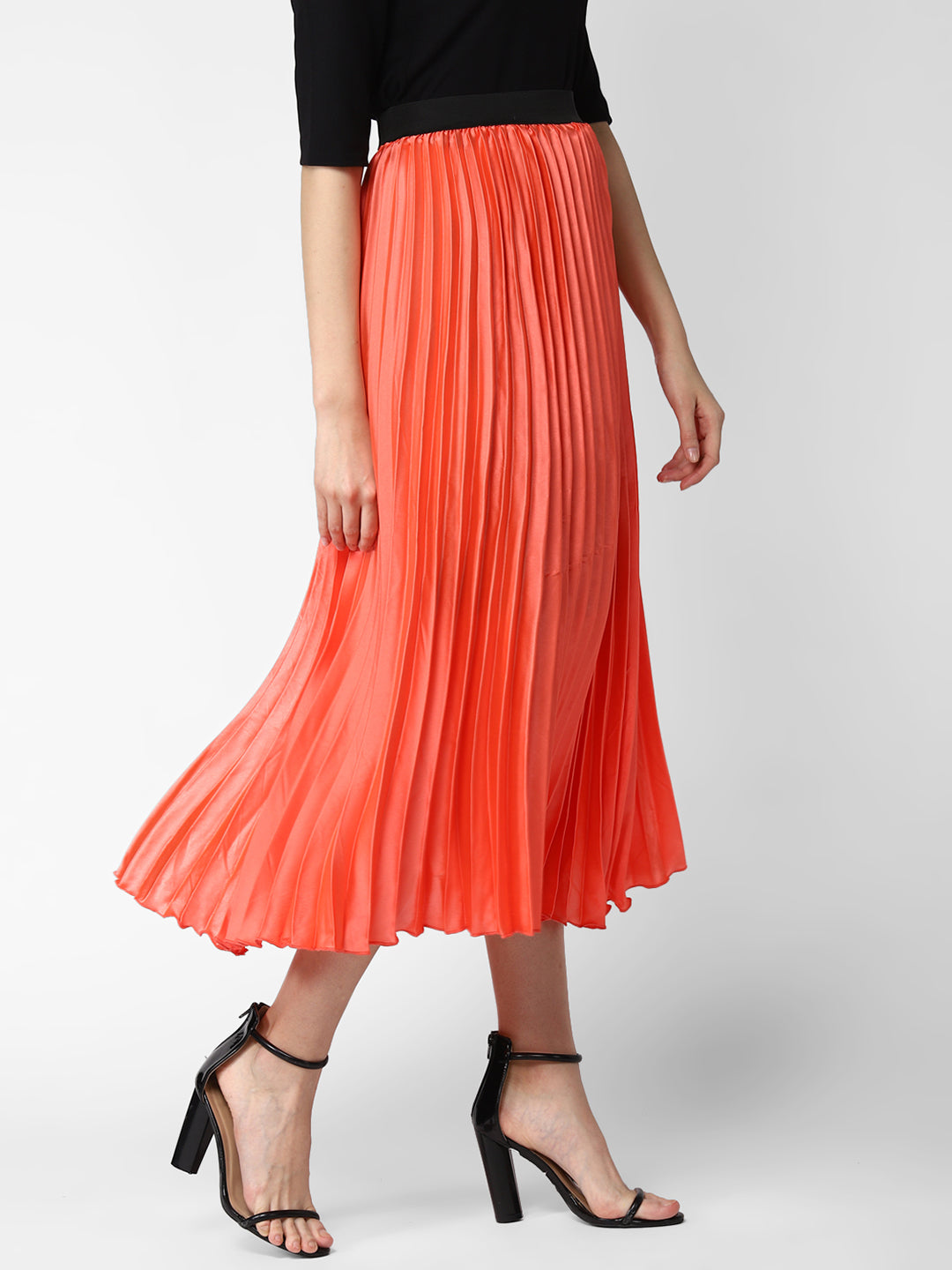 Women's Coral Satin Pleated Skirt