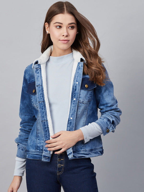 Women's Denim Jacket with Soft Warm Faux Fur Lining inside & Washed Pocket effect