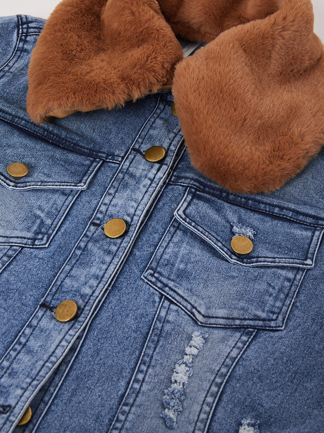 Women's Distressed Denim Jacket with Detachable Brown Fur Collar