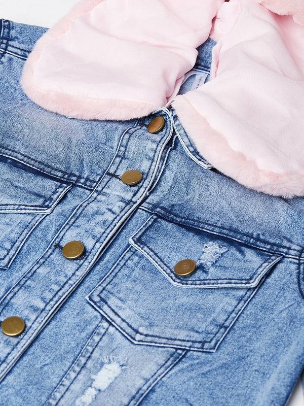 Women's Distressed  Denim Jacket with Detachable Pink Fur Collar