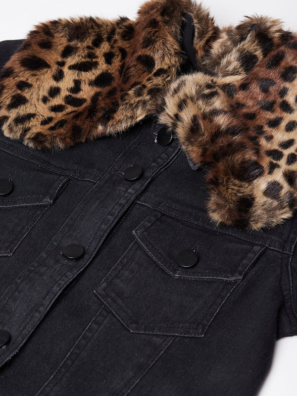Women's Black Denim Jacket with Detachable Animal Fur Collar