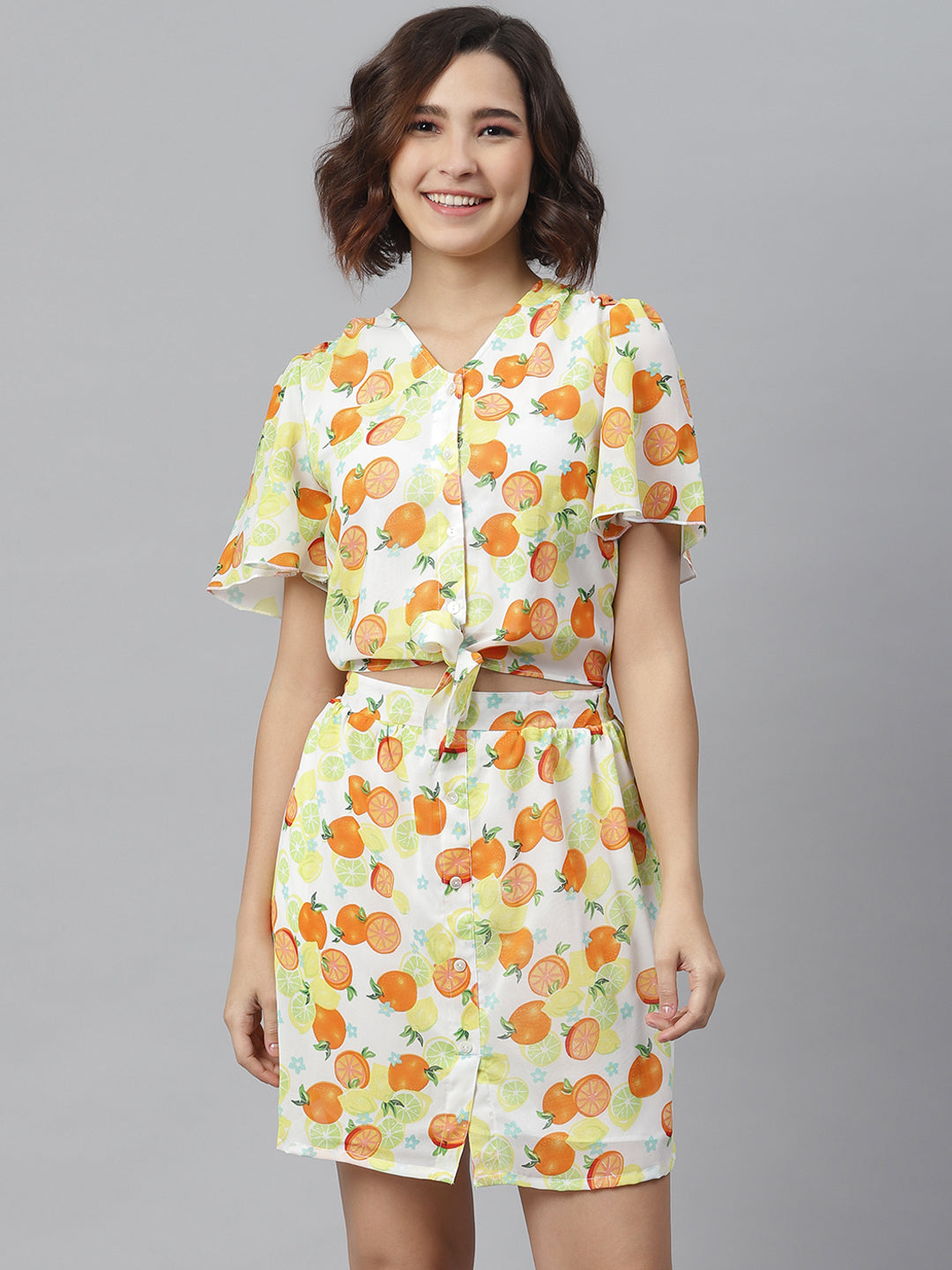 Lemon Orange PrintedTie Knot Top and attached Skirt Dress
