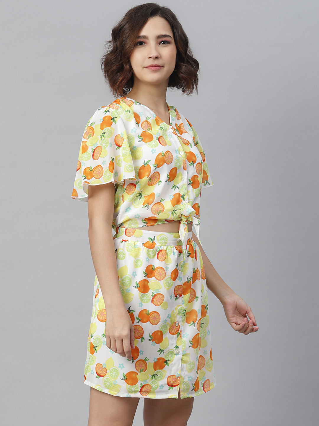 Lemon Orange PrintedTie Knot Top and attached Skirt Dress