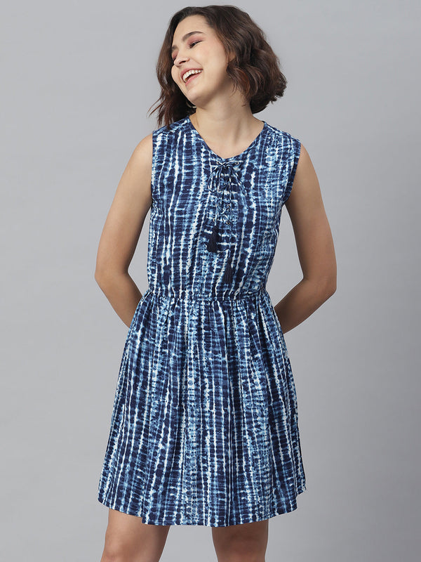 Women's Blue Tie & Dye Printed  Dress