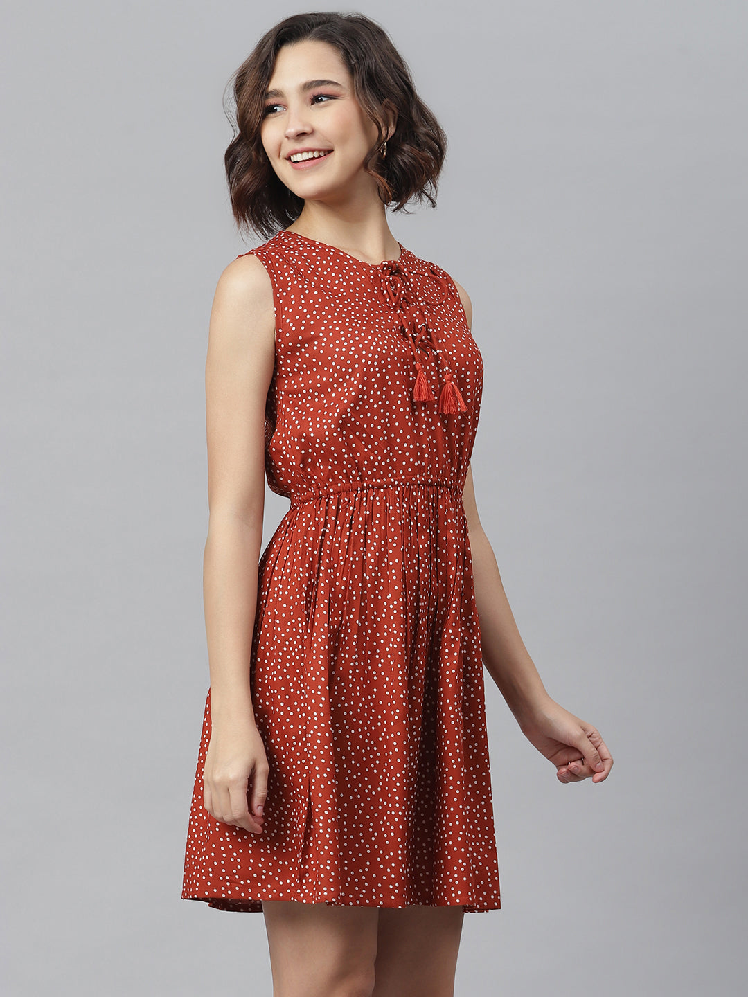 Women's Rust Polka Printed Tie Up dress