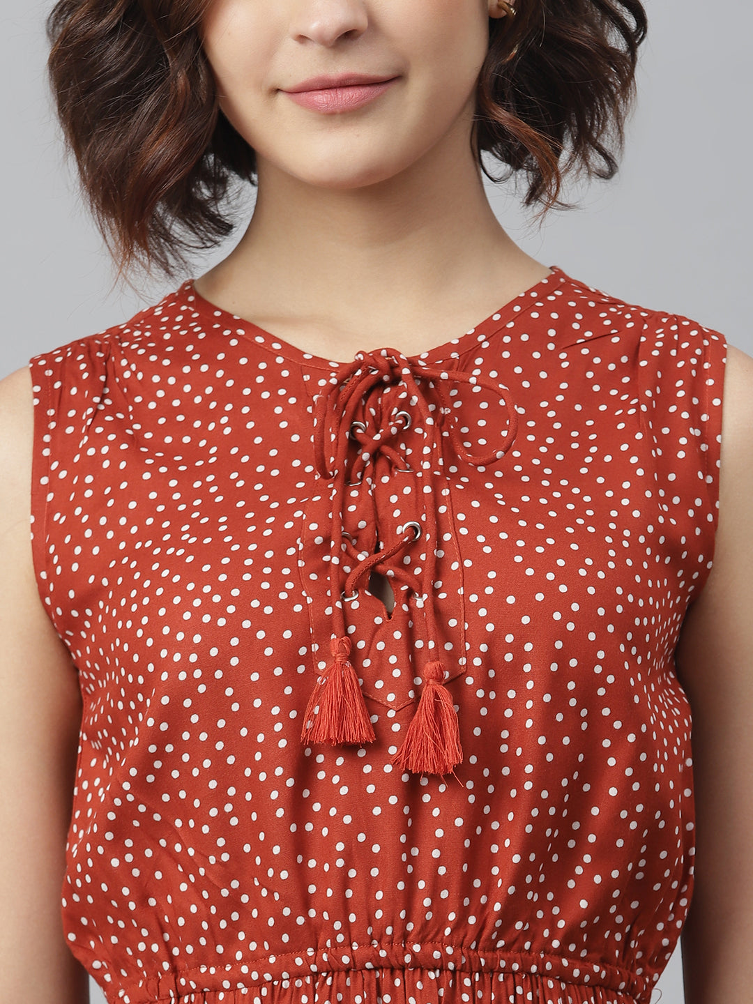 Women's Rust Polka Printed Tie Up dress