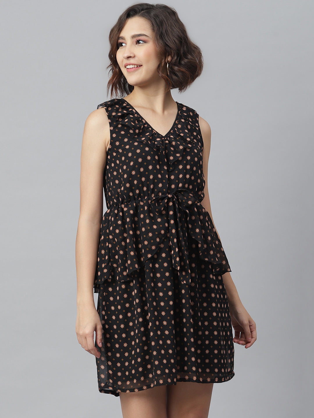 Women's Black Printed Peplum Style Dress