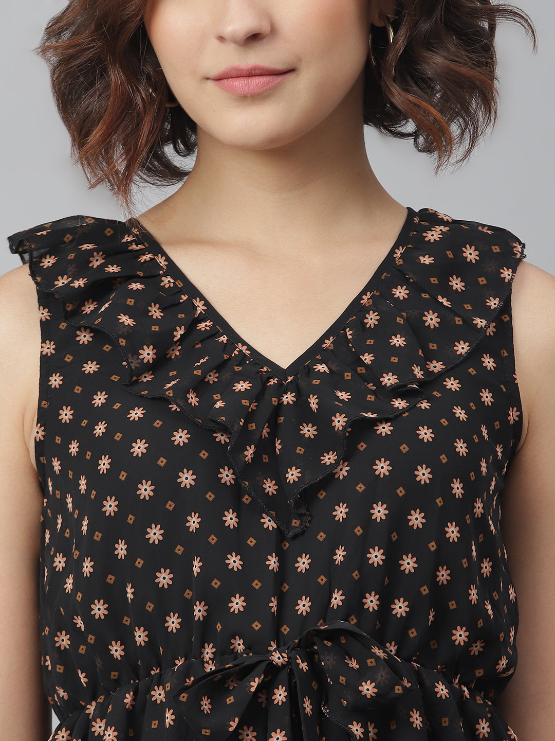 Women's Black Printed Peplum Style Dress