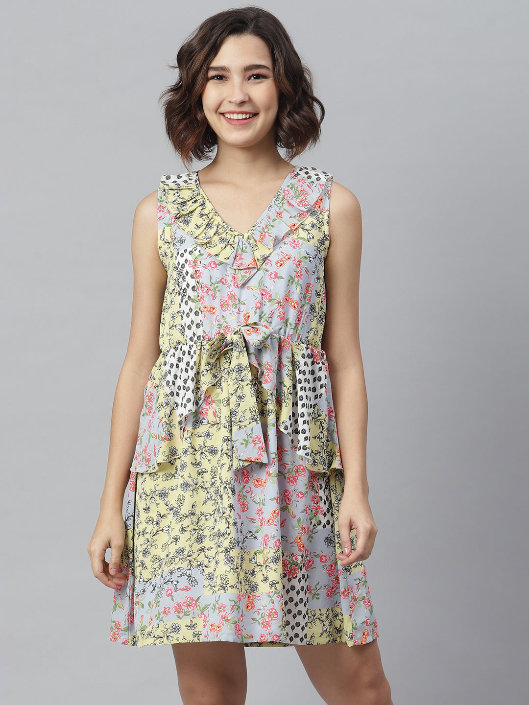 Women's Tile Print Dress with Peplum Detail