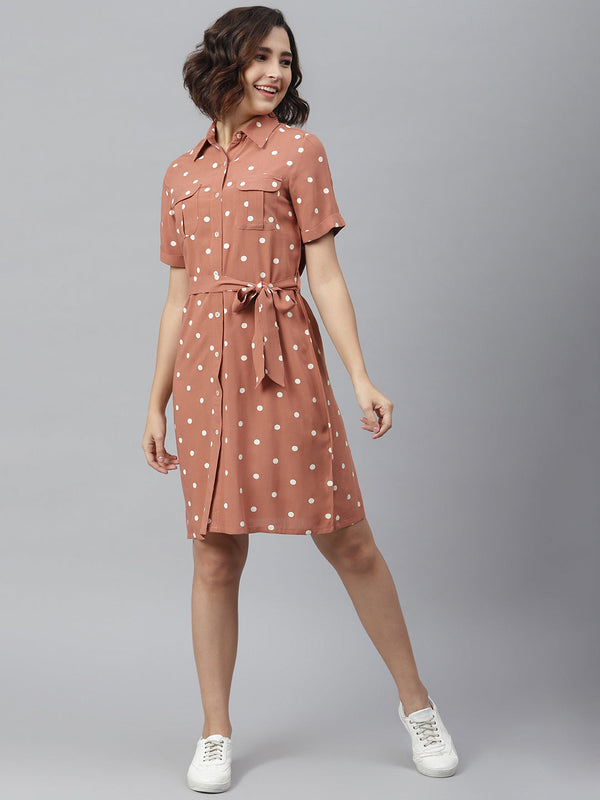 Women's Brown Polka Shirt dress with belt