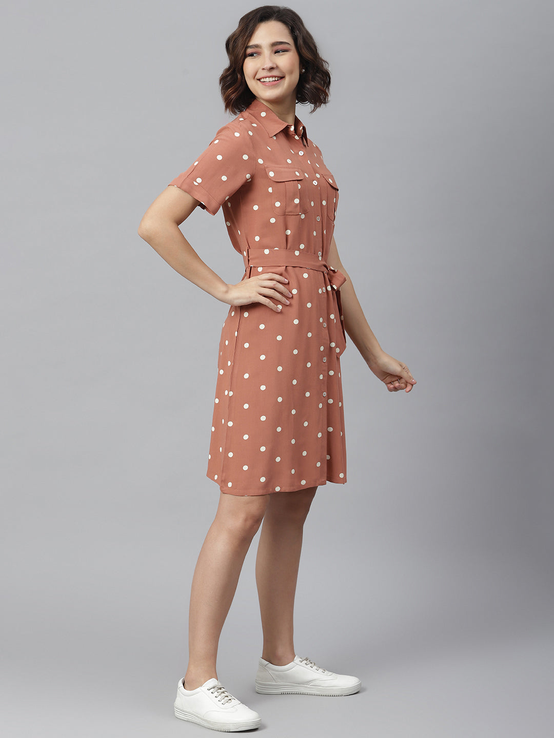 Women's Brown Polka Shirt dress with belt