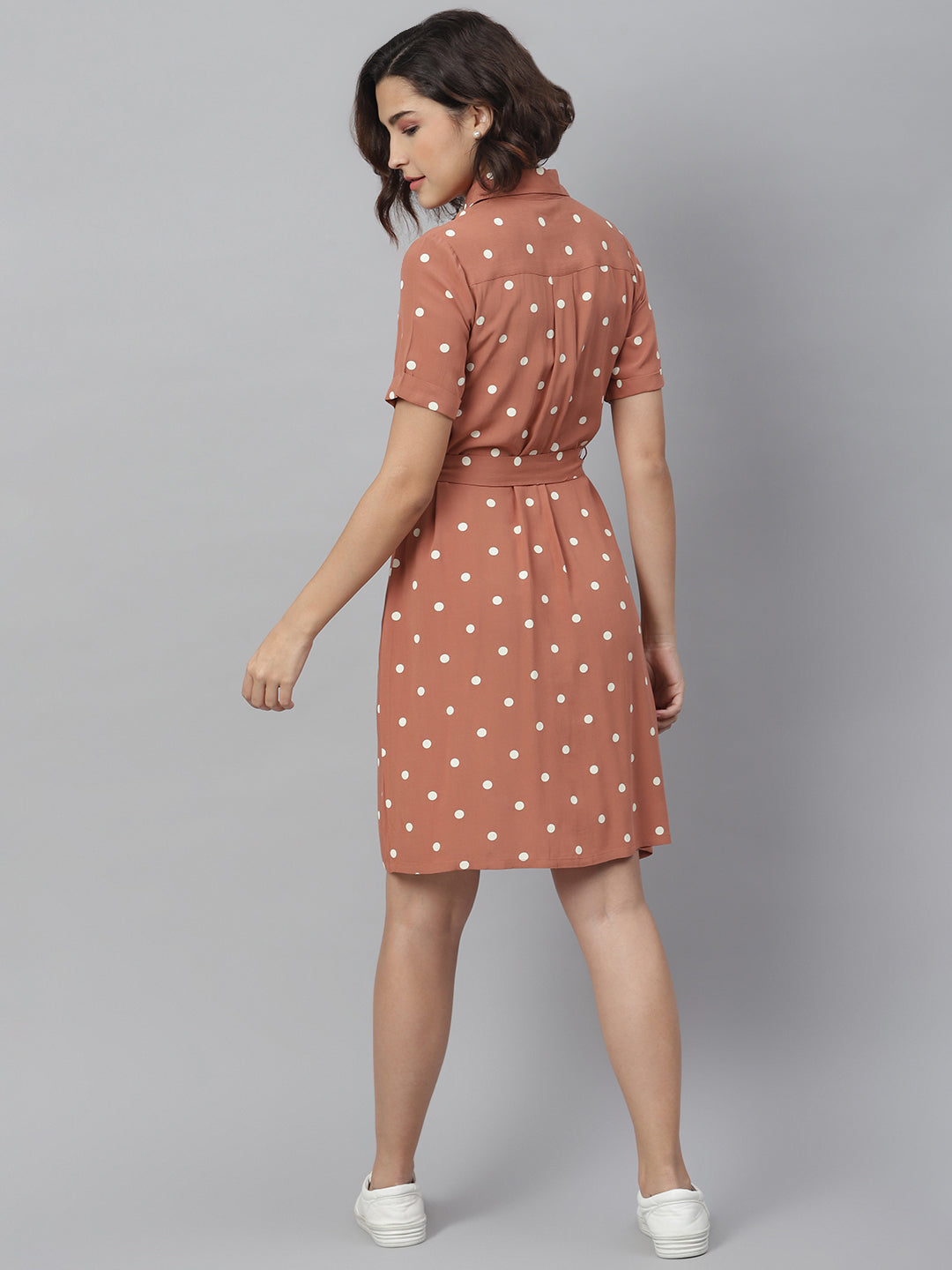 Women's Brown Polka Shirt dress with belt