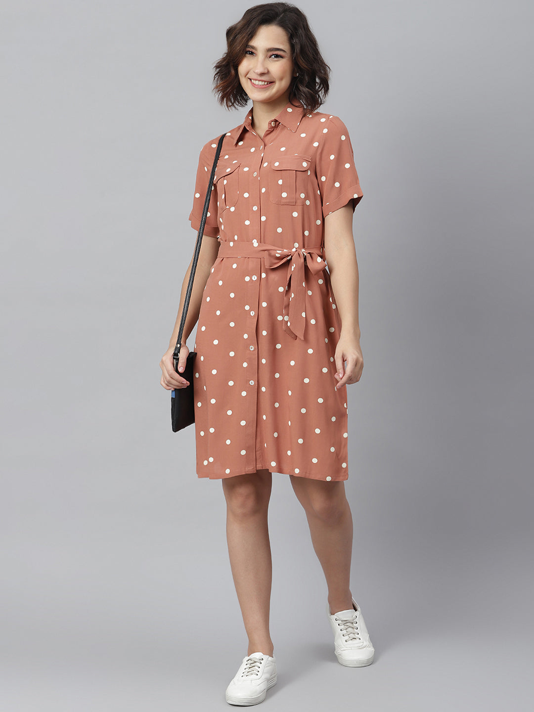 Women's Brown Polka Shirt dress with belt