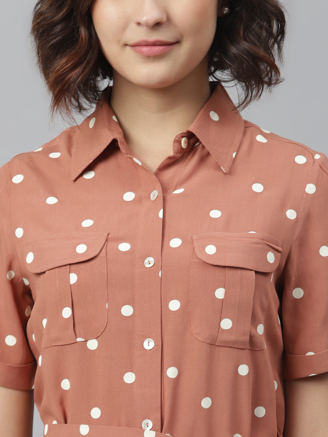 Women's Brown Polka Shirt dress with belt