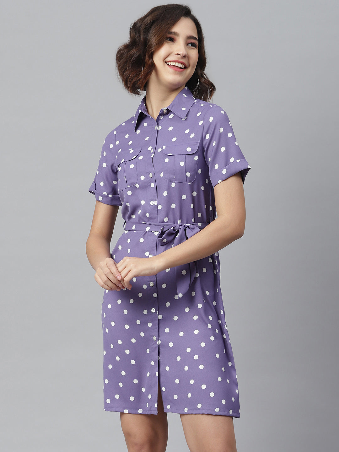 Women's Lavender Polka Shirt Dress with belt