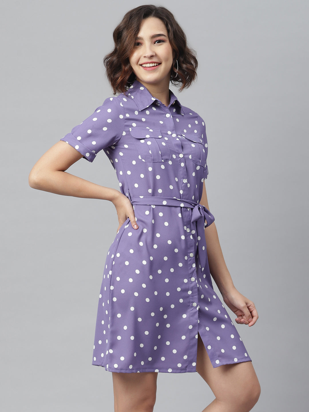 Women's Lavender Polka Shirt Dress with belt