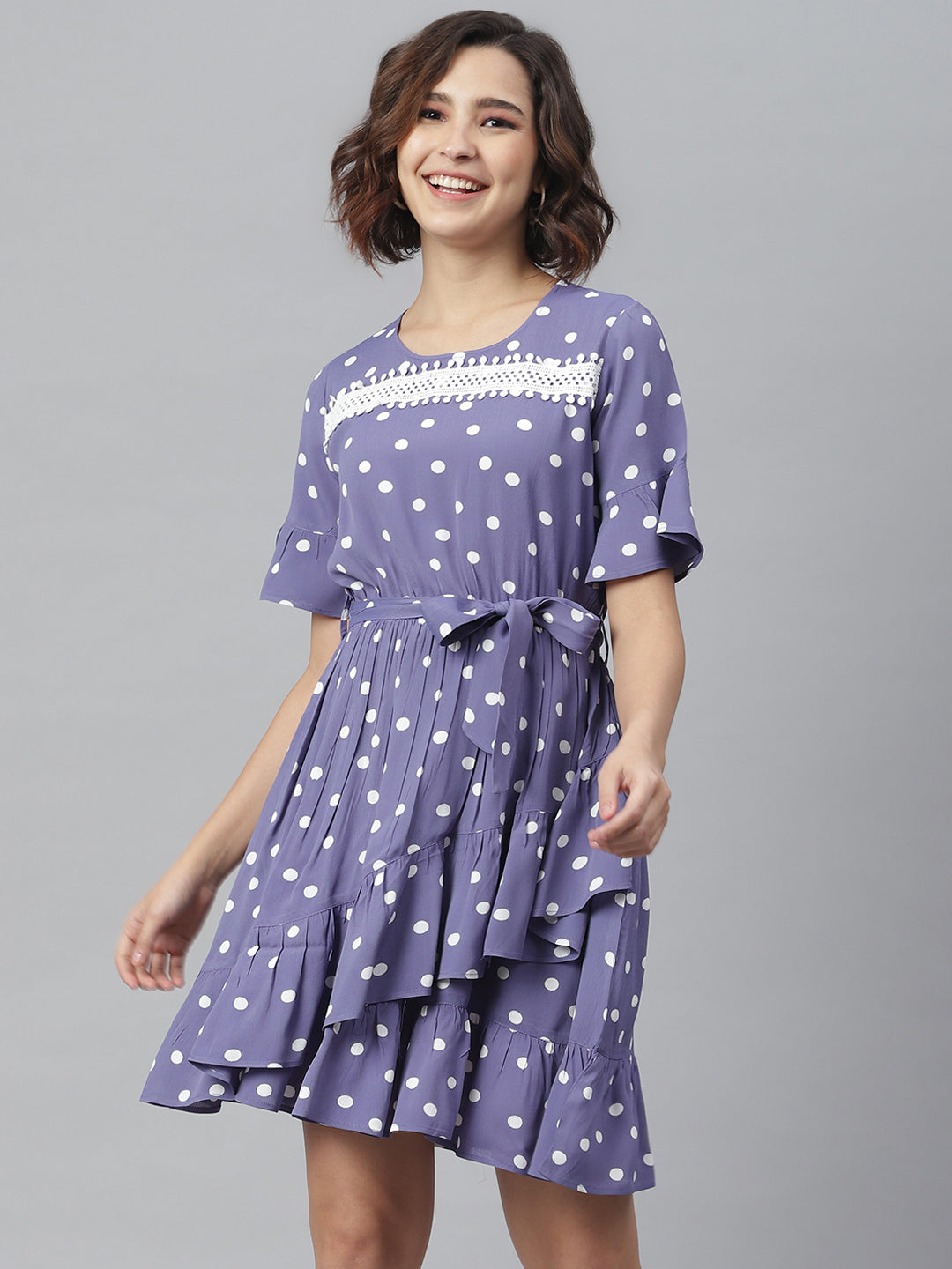 Women's Lavender Polka Dress with Lace detail