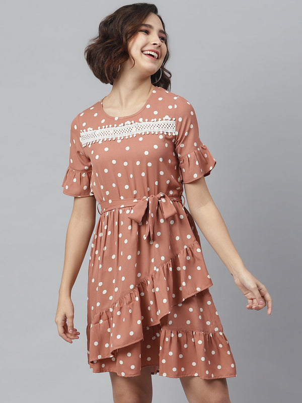 Women's Brown Polka Dress with Lace detail