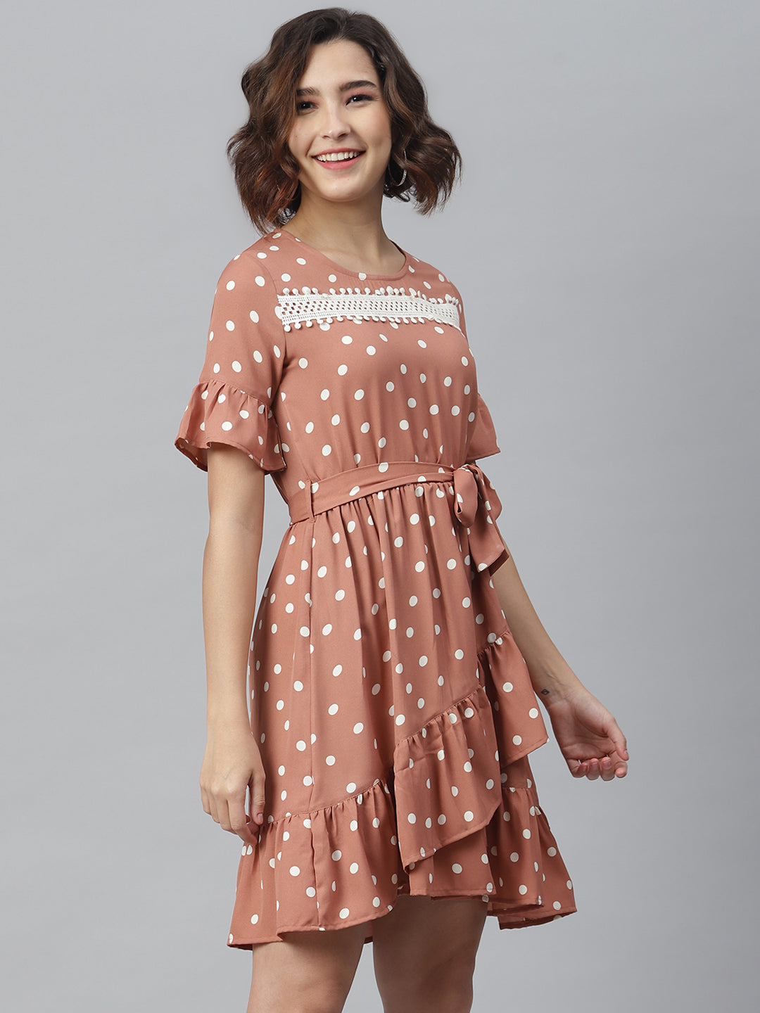 Women's Brown Polka Dress with Lace detail