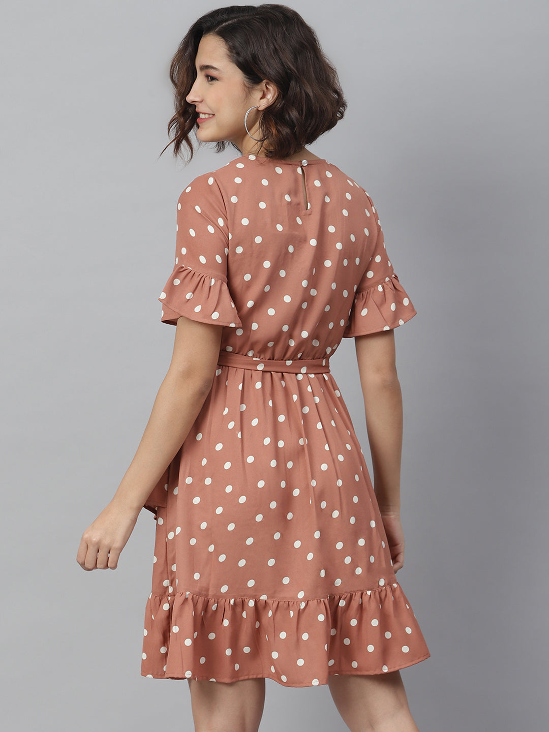 Women's Brown Polka Dress with Lace detail