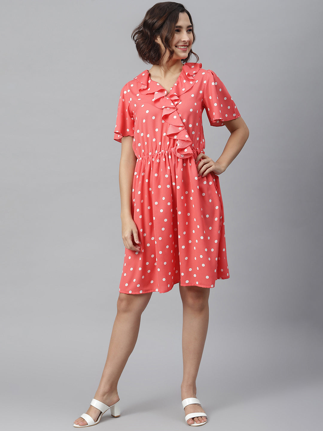 Women's Coral Polka Dress with Ruffle