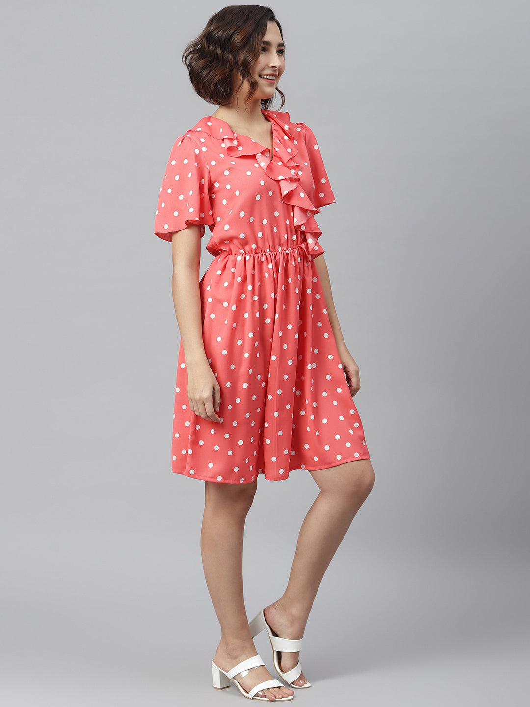 Women's Coral Polka Dress with Ruffle