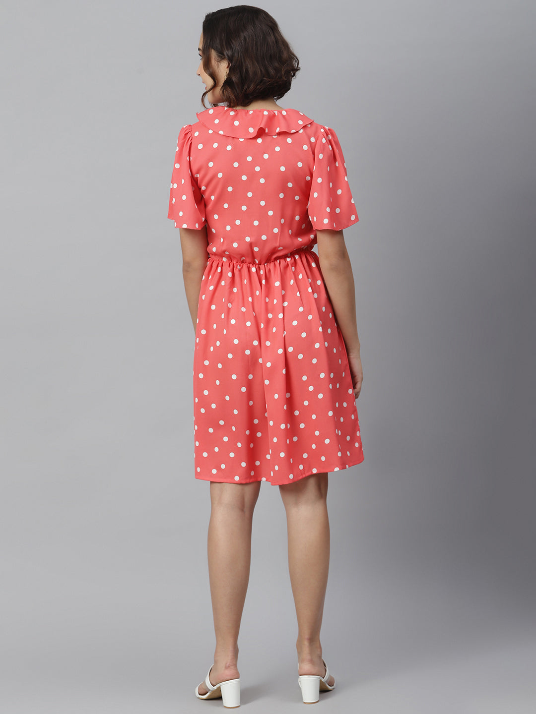 Women's Coral Polka Dress with Ruffle