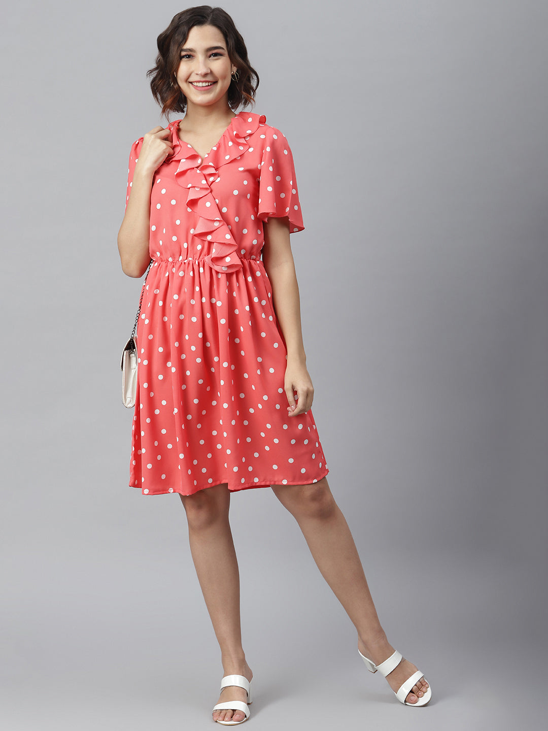 Women's Coral Polka Dress with Ruffle