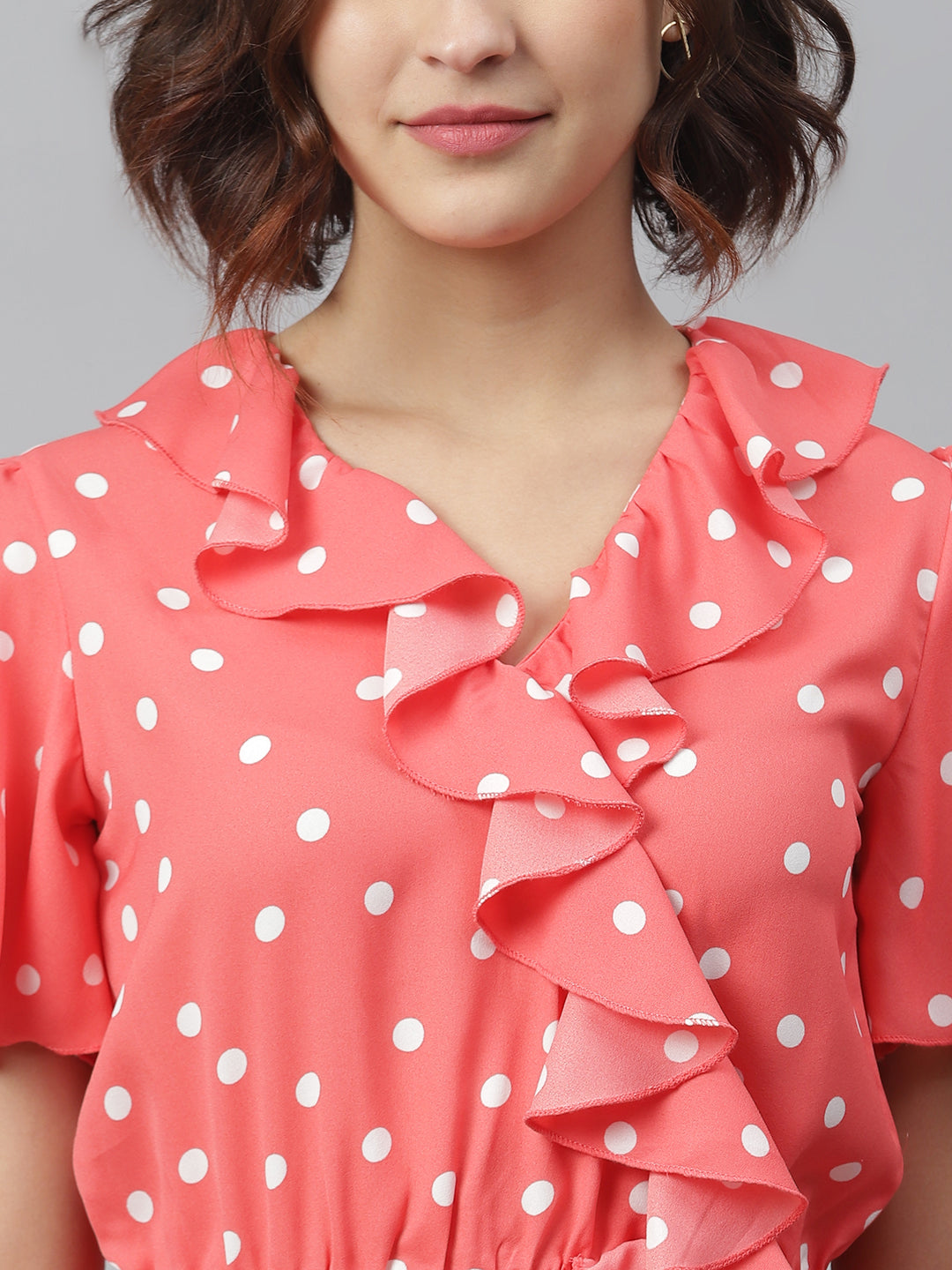 Women's Coral Polka Dress with Ruffle