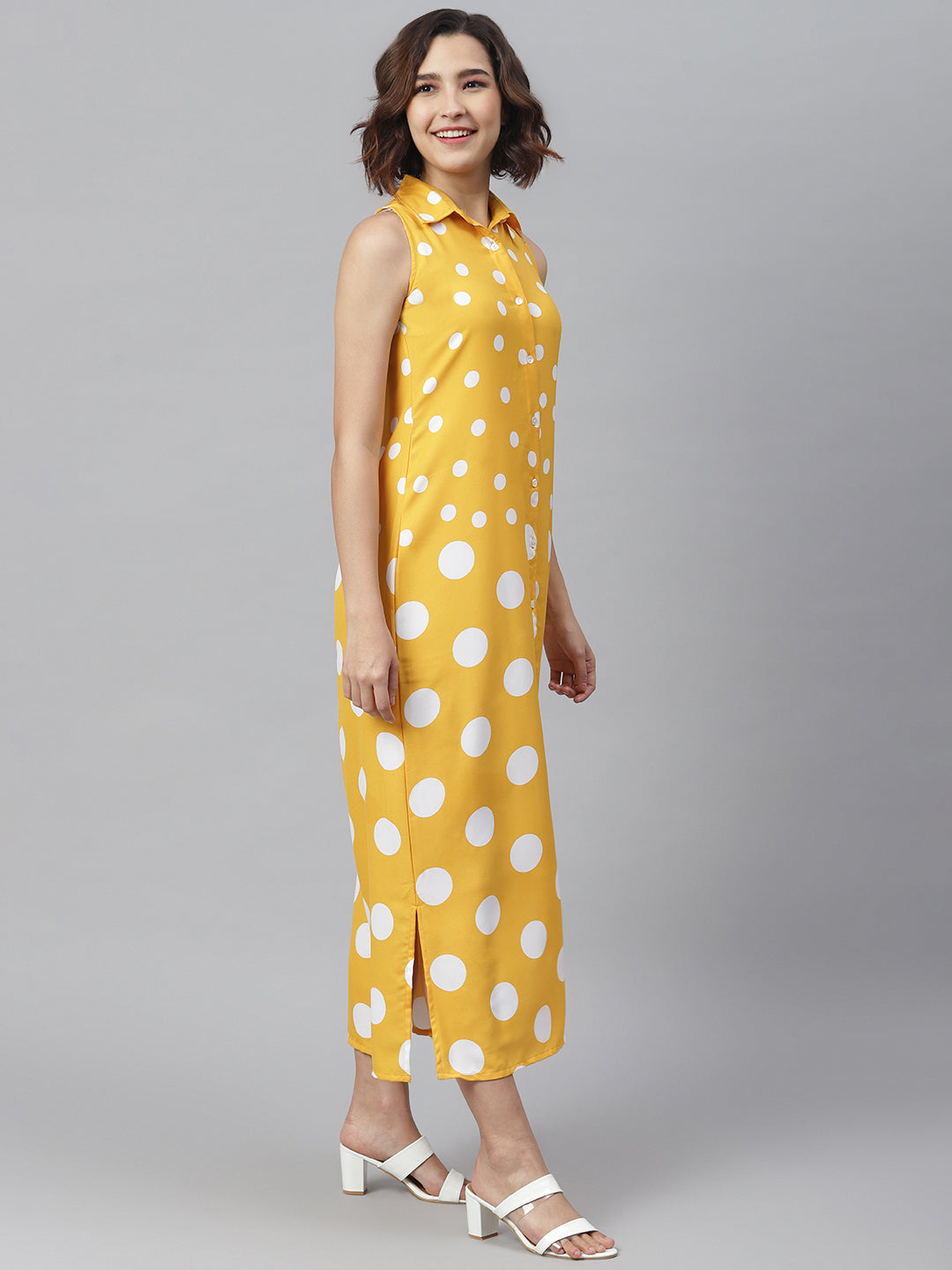 Women's Yellow & White Polka Maxi