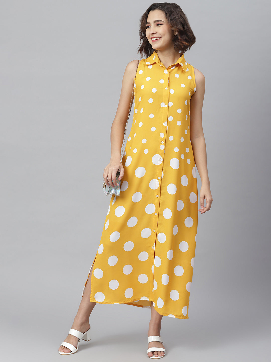 Women's Yellow & White Polka Maxi