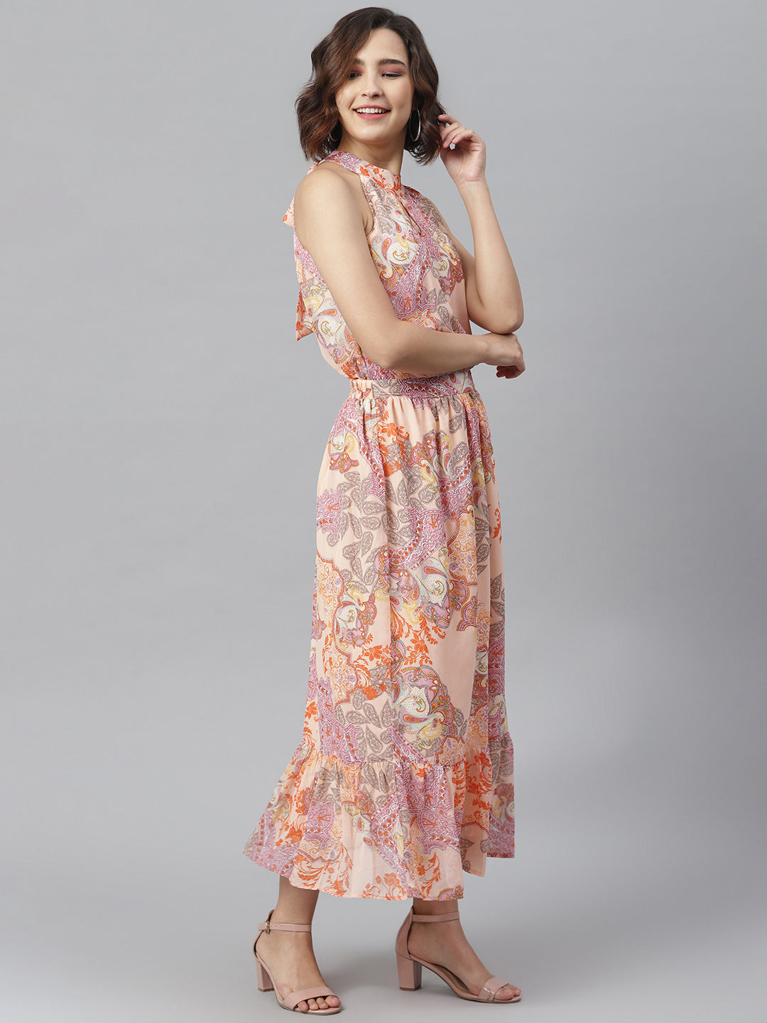 Women's Peach Printed Maxi Dress