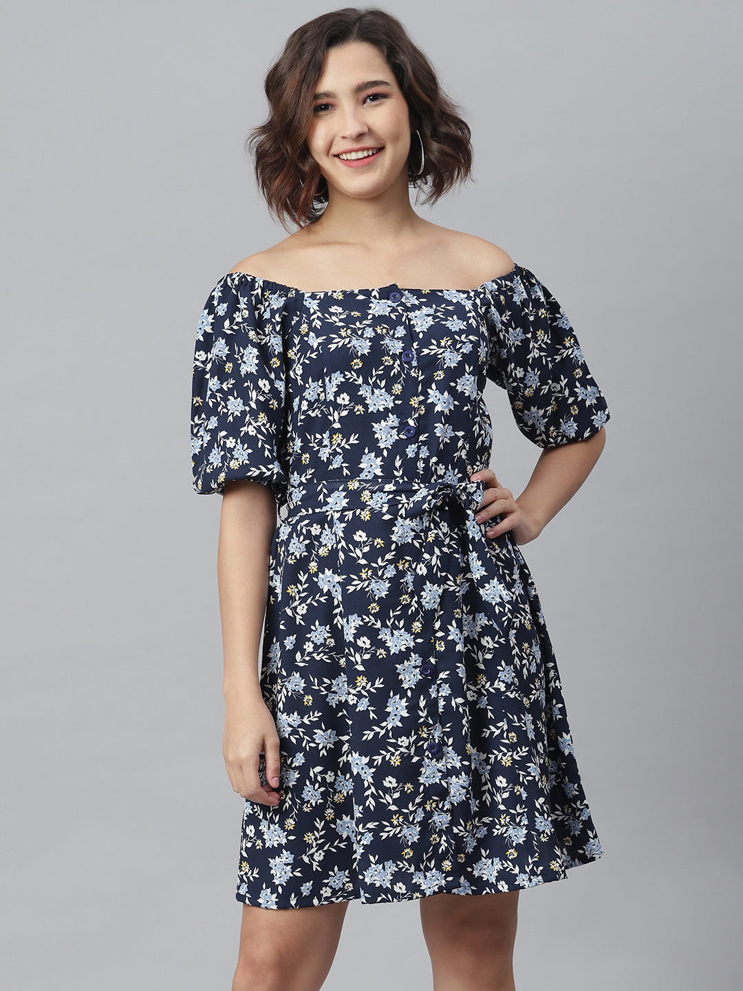 Women's Blue Printed Offshoulder Dress