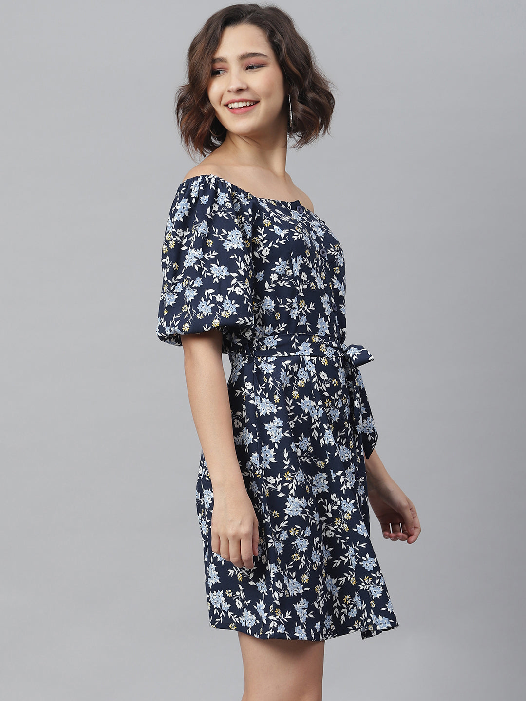 Women's Blue Printed Offshoulder Dress