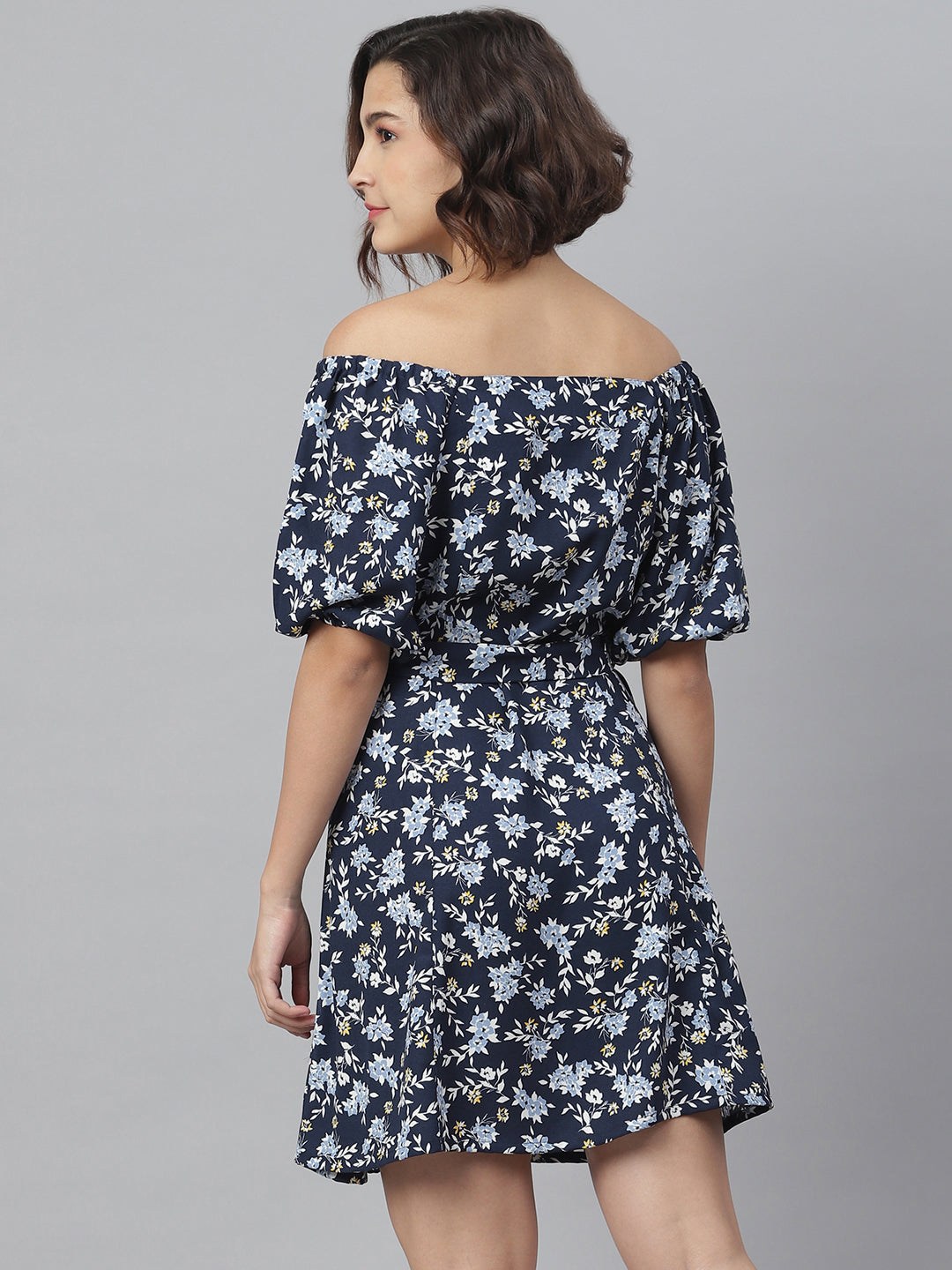 Women's Blue Printed Offshoulder Dress