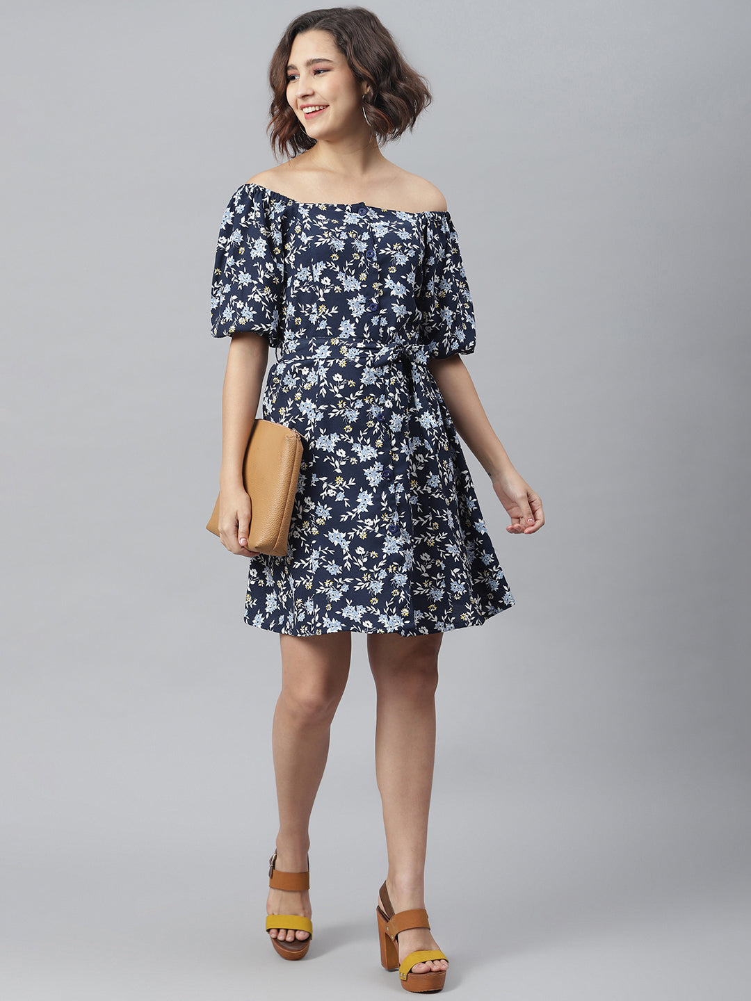 Women's Blue Printed Offshoulder Dress