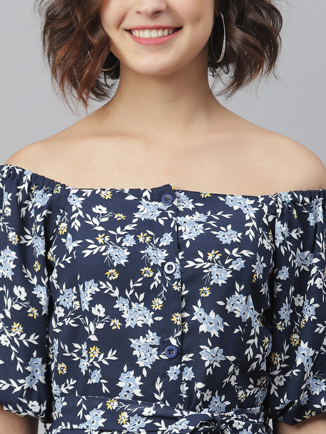 Women's Blue Printed Offshoulder Dress