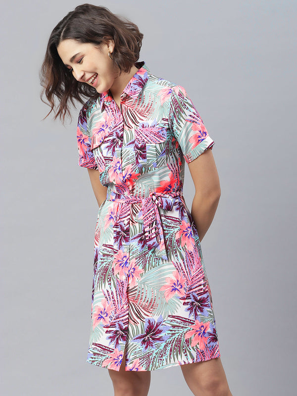 Women's Neon Pink Floral Shirt Dress