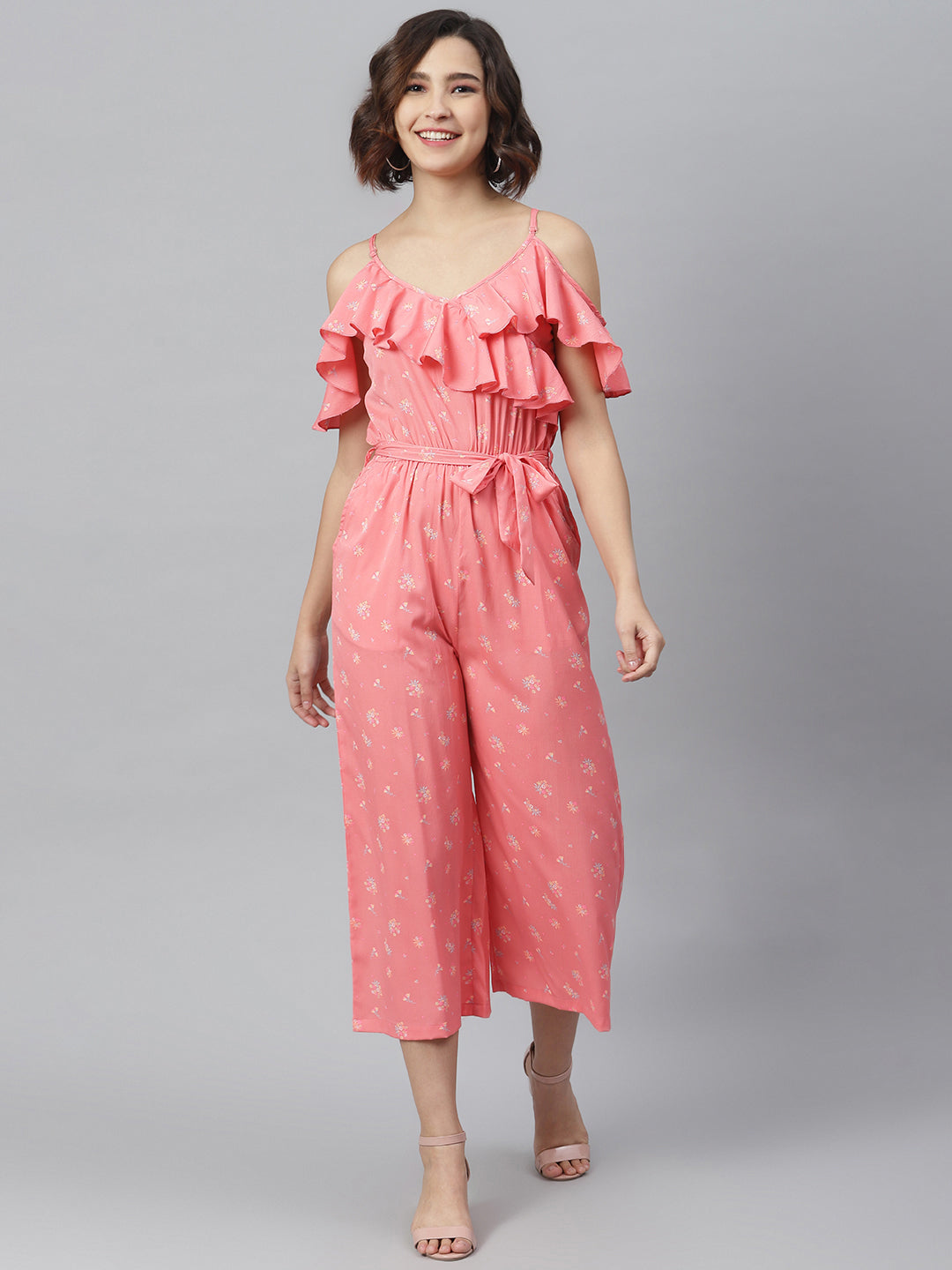 Women's Pink Cross Neck Ruffle Jumpsuit