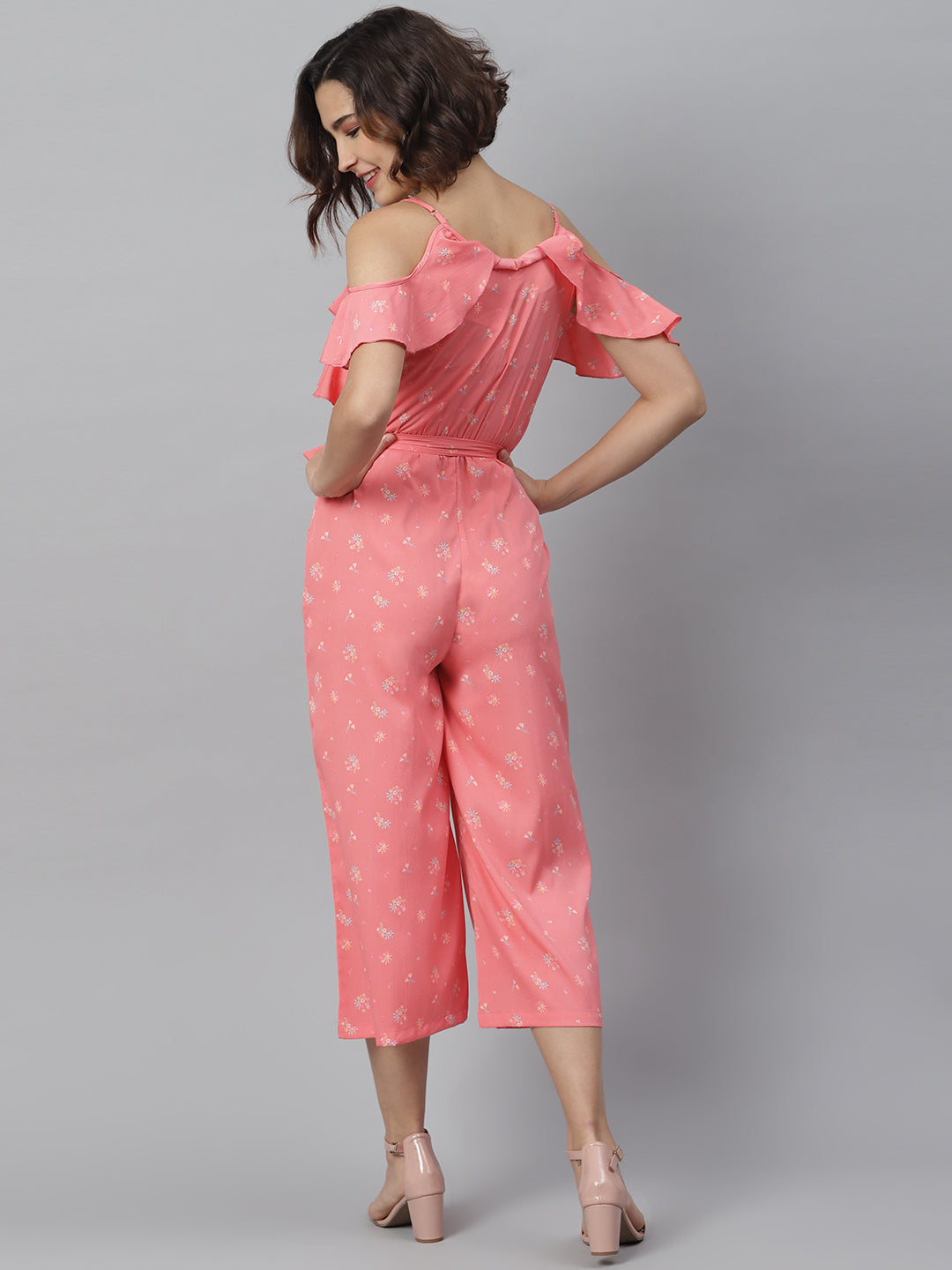 Women's Pink Cross Neck Ruffle Jumpsuit