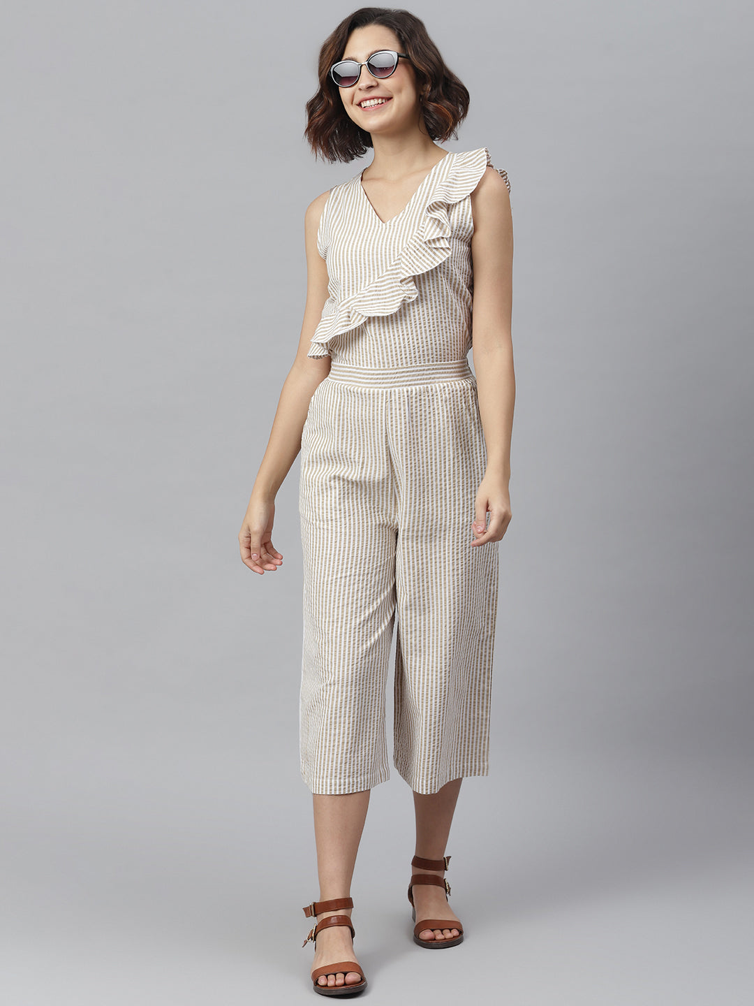 Women's Beige Stripe Seer Sucker One side ruffle Jumpsuit