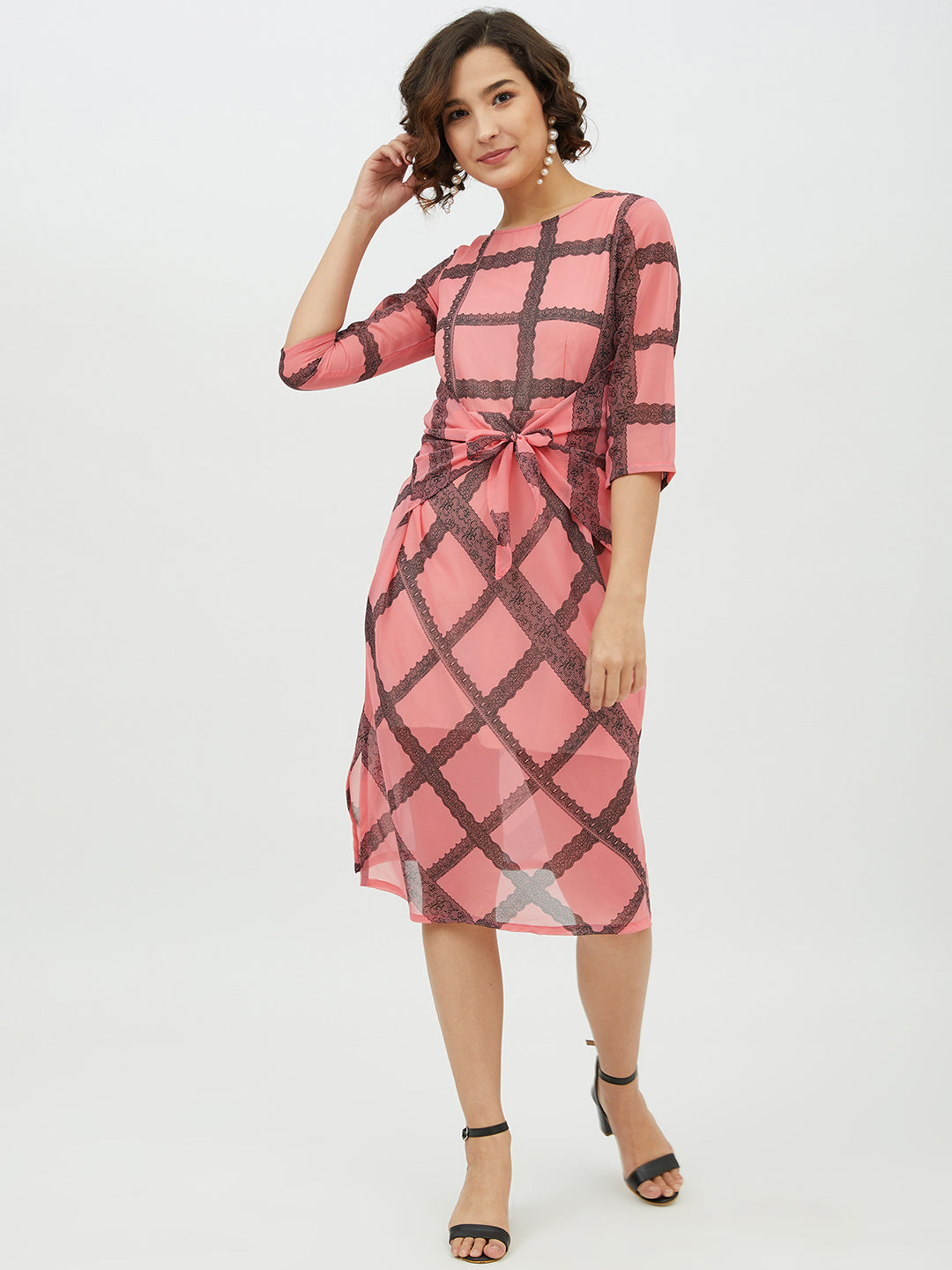 Women's Pink Check front Tie Knot Midi Dress