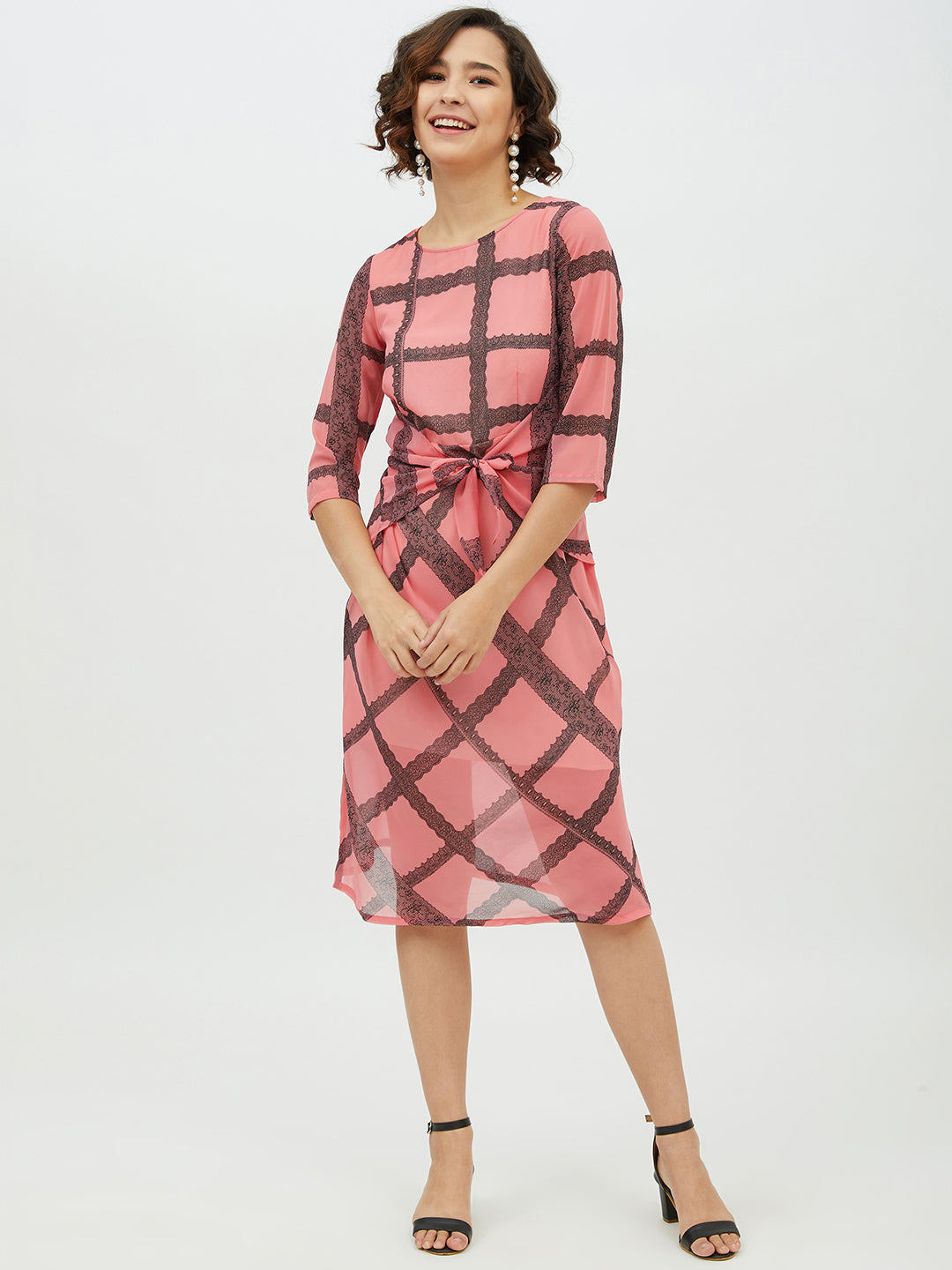 Women's Pink Check front Tie Knot Midi Dress