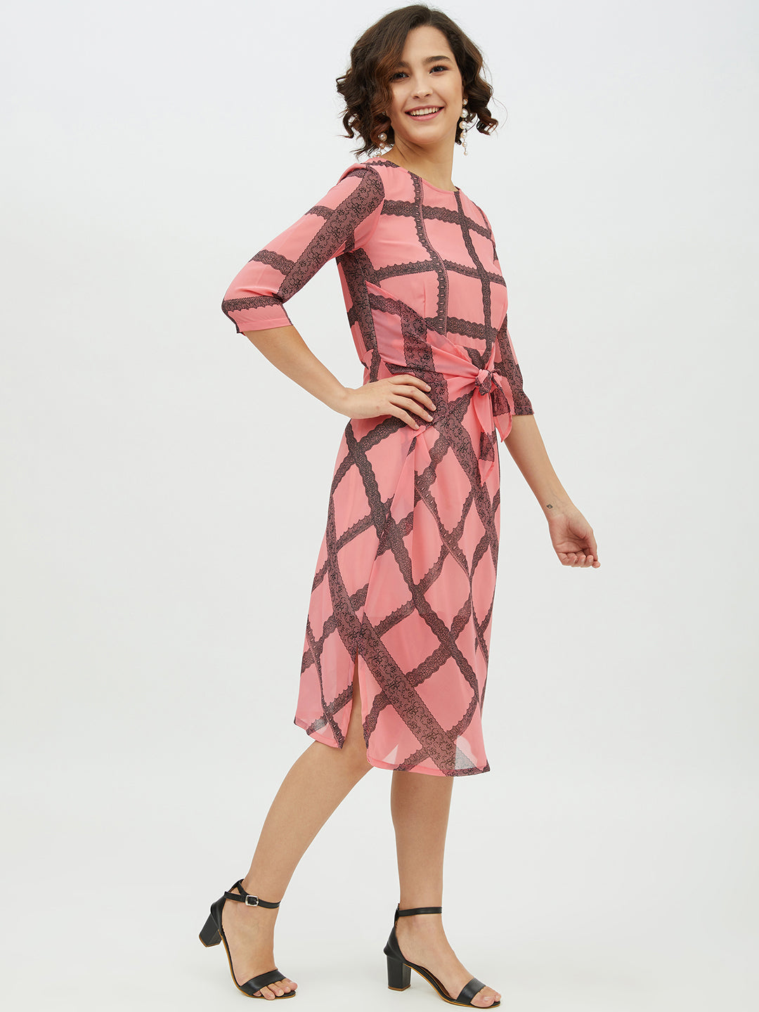 Women's Pink Check front Tie Knot Midi Dress