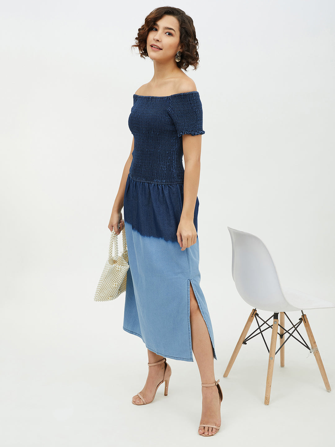 Women's Denim Smocking Dress with Ombre effect