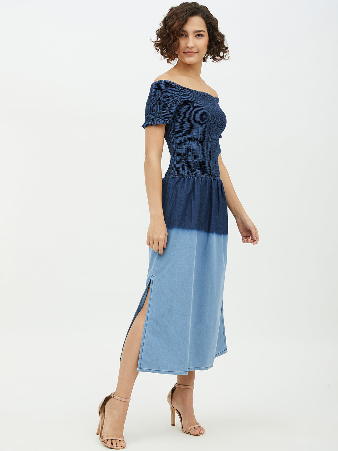 Women's Denim Smocking Dress with Ombre effect