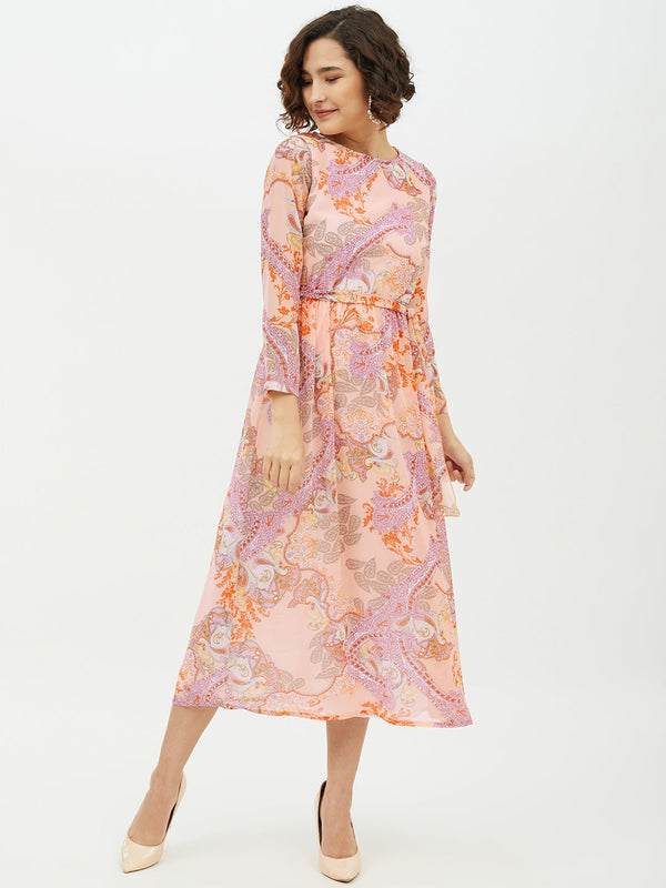 Women's Peach Printed Long Dress